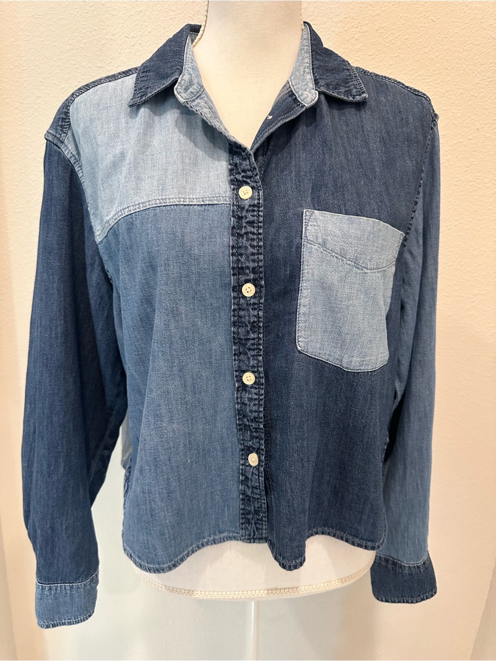 Women’s Size Small Denim Patchwork Button-Up Cropped Shirt